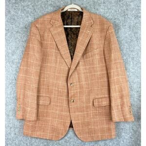 Joseph Abboud Blazer Mens 48L Orange Windowpane Wool Silk Linen Italian Fabric